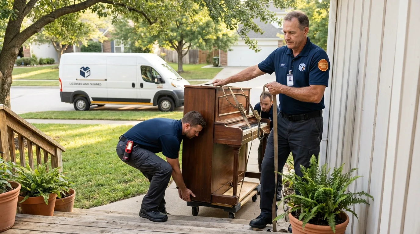 Licensed piano movers securing grand piano in Livermore, CA