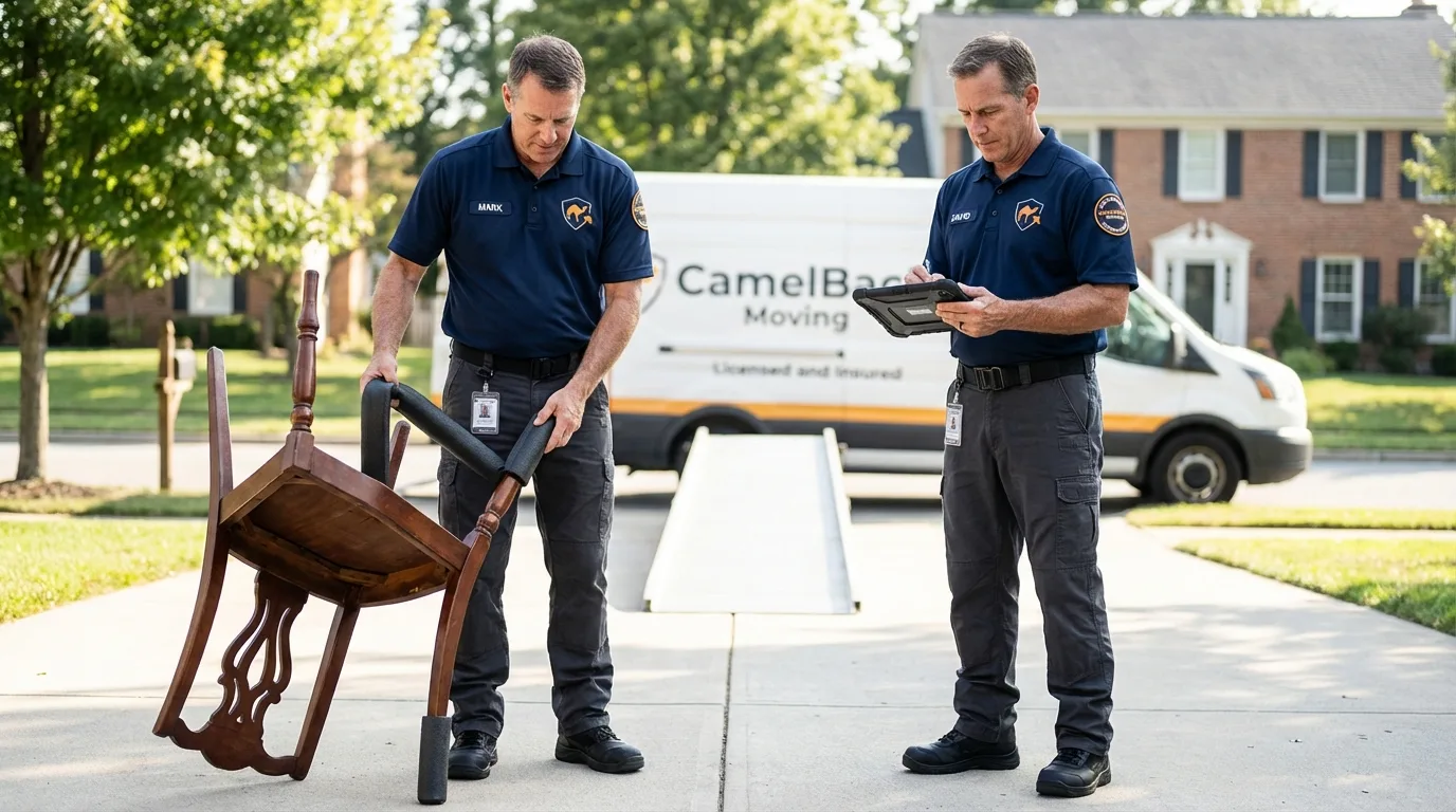 Movers inspecting furniture for damage prevention before loading in Livermore, CA