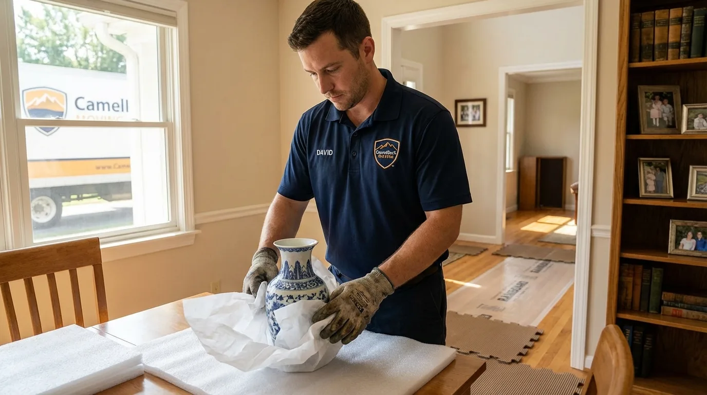 Professional crew carefully wrapping antique vase for senior downsizing move in Livermore, CA